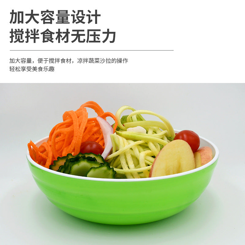 Cross border source circular two-color plastic bowl, large-diameter colored imitation ceramic bowl, food grade fruit and vegetable salad bowl