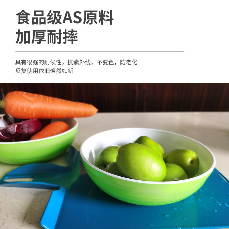 Cross border source circular two-color plastic bowl, large-diameter colored imitation ceramic bowl, food grade fruit and vegetable salad bowl