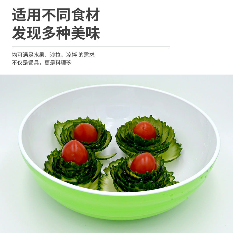 Cross border source circular two-color plastic bowl, large-diameter colored imitation ceramic bowl, food grade fruit and vegetable salad bowl